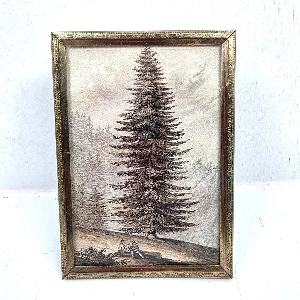 Vintage Brass‎ Embossed Frame Forest Tree Art Print Glass Front 3.75